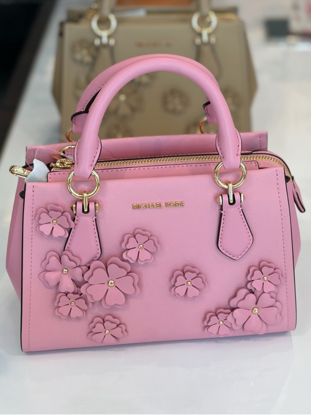 Michael Kors Pink Floral Appliqué Saffiano Satchel Crossbody